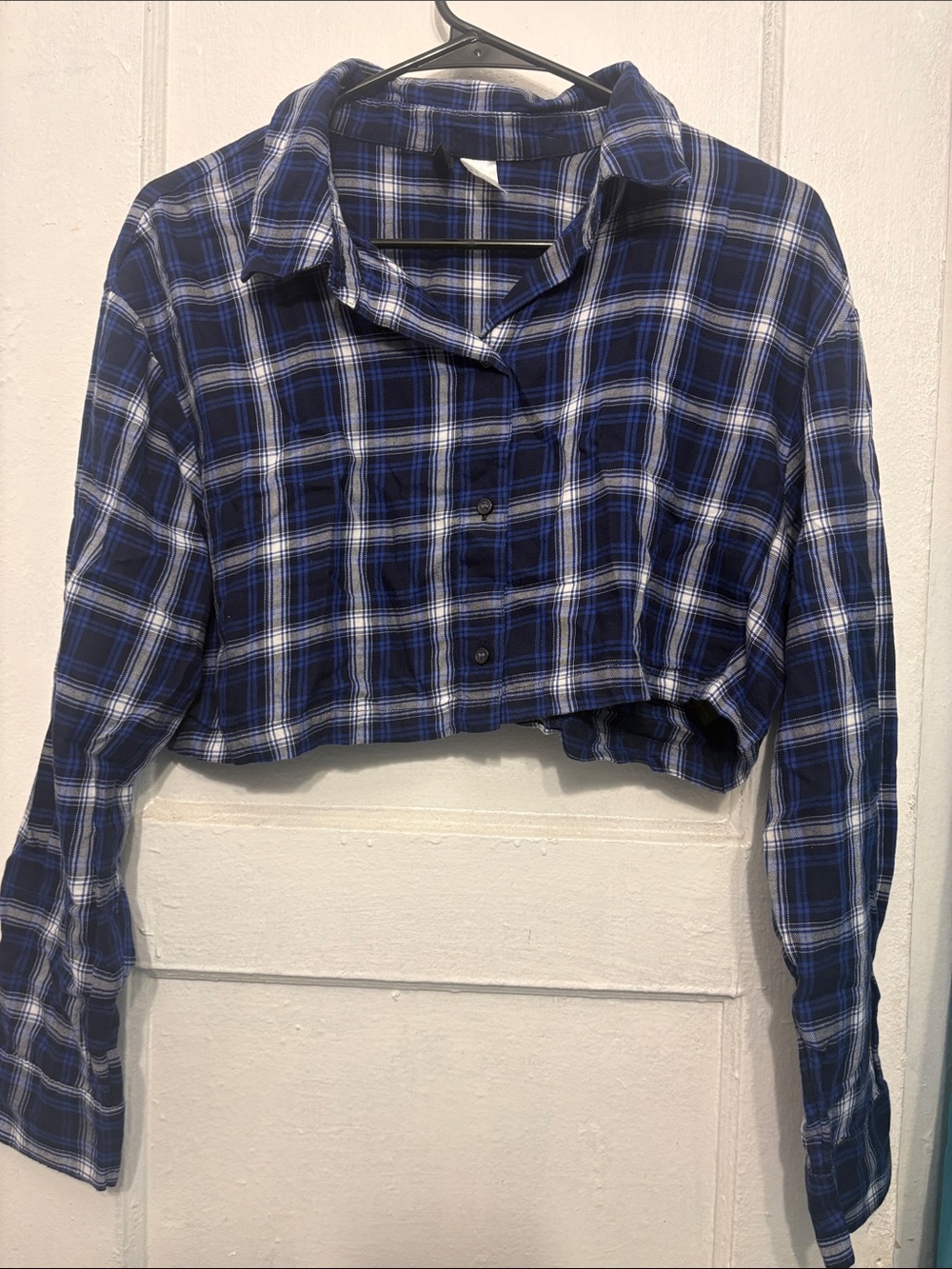 H&M Blue Plaid Cropped Flannel Shirt Long Sleeve Button-Up